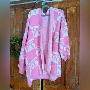 ARULA Pink and White Bow-Check Open Cardigan